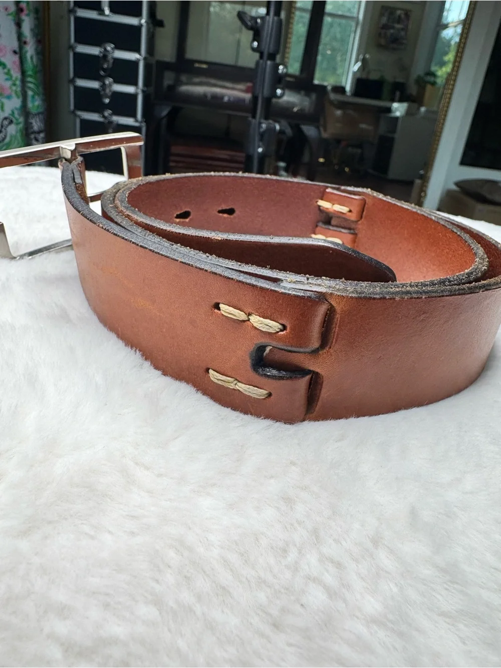 Cole Haan Genuine Leather Brown Belt Silver Rectangle Buckle Size 34/35